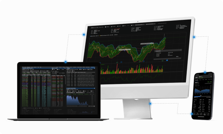 A sophisticated cross-device trading platform on desktop, laptop, and mobile, displaying charts and data.