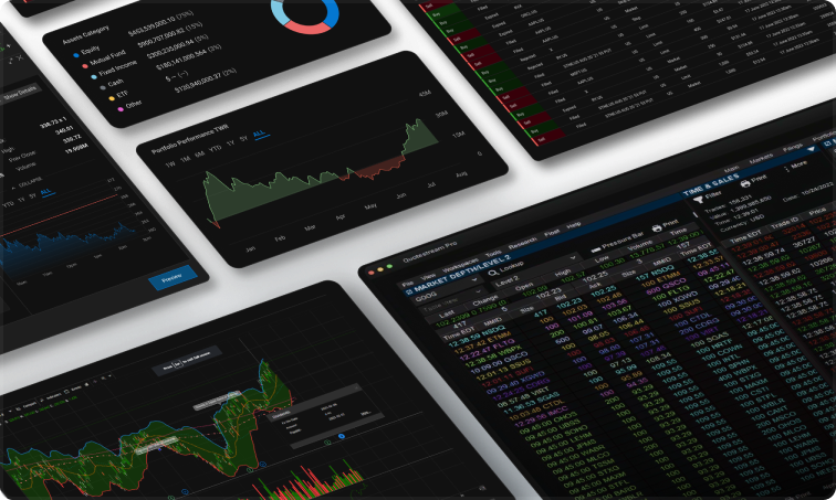 A collage containing dark trading dashboards with different charts, portfolios, and tickers.