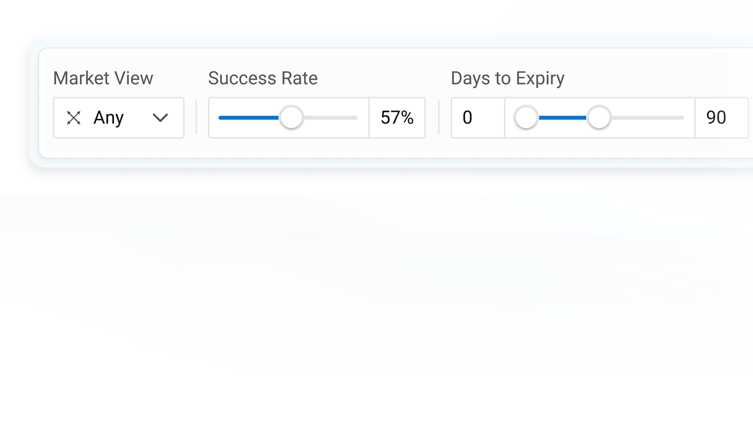 Options screening interface showing market view filters, success rate slider, and days to expiry controls.