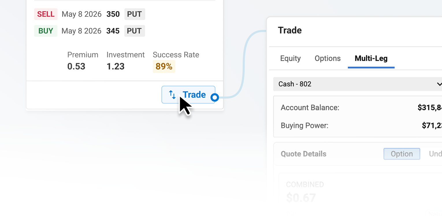 Options trade setup panel showing strategy selection, strike details, and trade entry configuration.