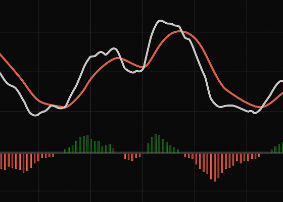 Indicator card showing a chart preview with red and white lines above red and green histogram bars representing volume-based indicators.