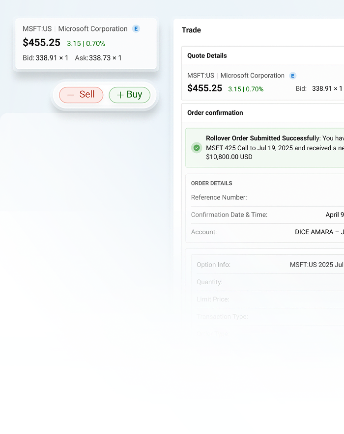 Trading interface showing a stock quote with buy and sell actions